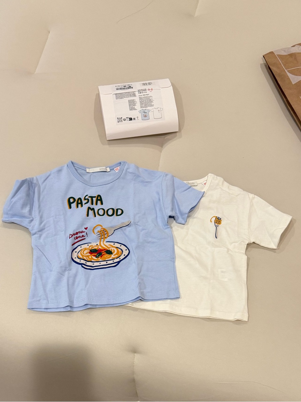 Zara Light Blue & White Kids 'Pasta Mood' Graphic Tees